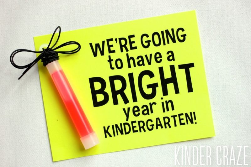 glow stick attached to back to school gift tags that read "we're going to have a bright year in kindergarten!"