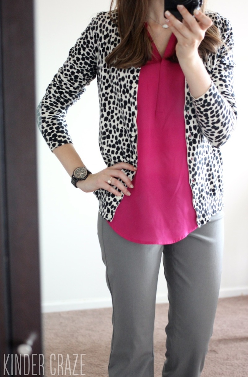 uchsia Walden V-Neck Blouse from Fun2Fun with gray pants and a cheetah print cardigan - Stitch Fix