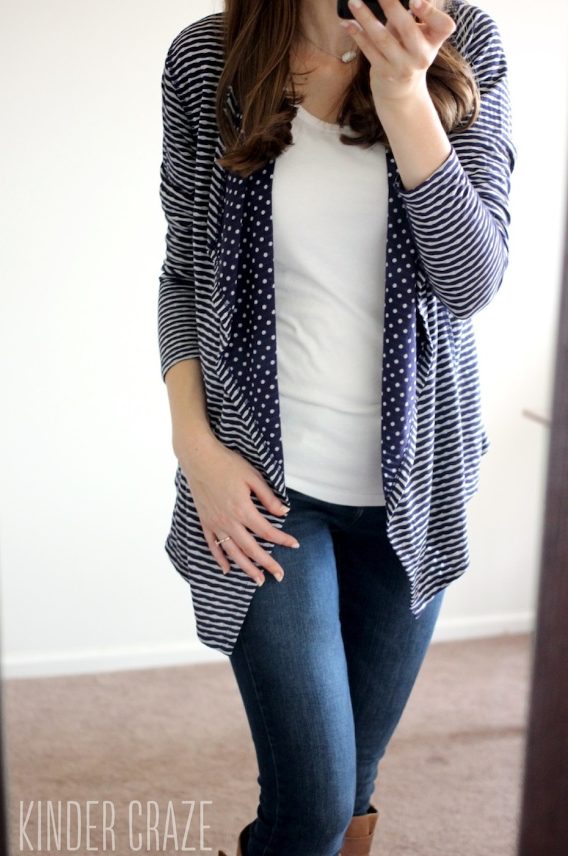 navy blue Margerie Stripe & Dot Open Cardigan from Market & Spruce with Sophie Skinny Jeans from Kensie - Stitch Fix