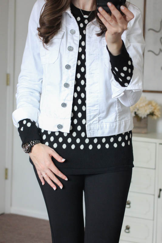 Gideon Polka Dot Sweater and black Rizzo Skinny Pant and Callie White Denim Jacket from Stitch Fix