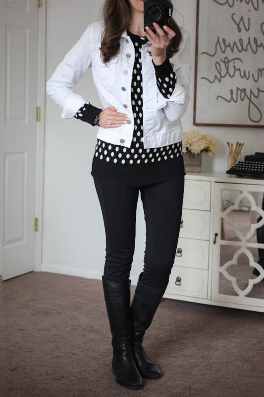 Gideon Polka Dot Sweater and black Rizzo Skinny Pant and Callie White Denim Jacket from Stitch Fix