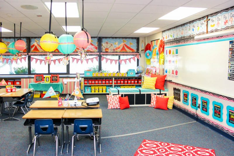 kindergarten classroom decorated with red, coral, teal and yellow vintage circus theme