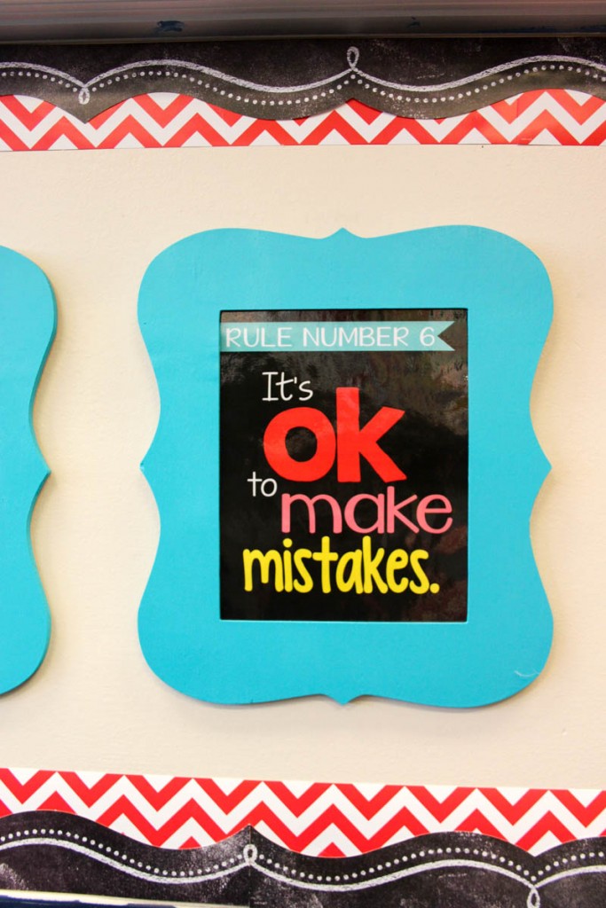 kindergarten classroom rule for classroom management that reads "it's ok to make mistakes" framed on a wall