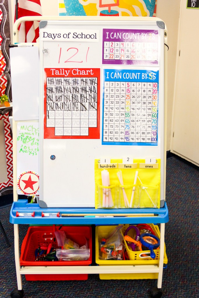 kindergarten classroom easel with skip counting, tally and days of school charts displayed