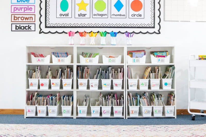 A well-organized classroom library filled with books on a white bookcase.