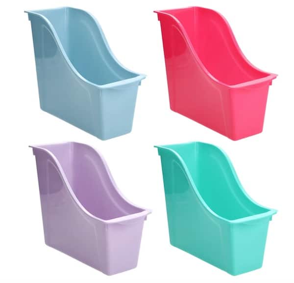 brightly colored plastic book bins from Dollar Tree