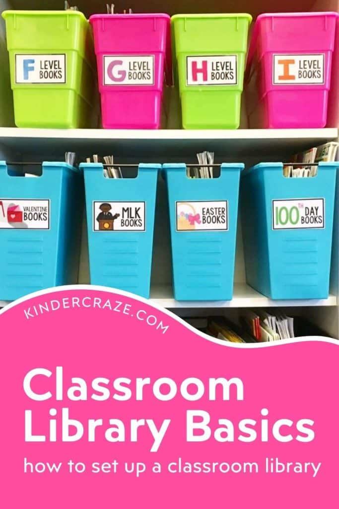 Colorful bins and labels organize the classroom library on a white bookshelf