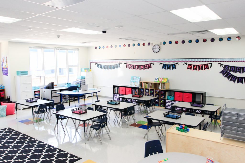 white tables arranged and ready for back to school in first grade classroom