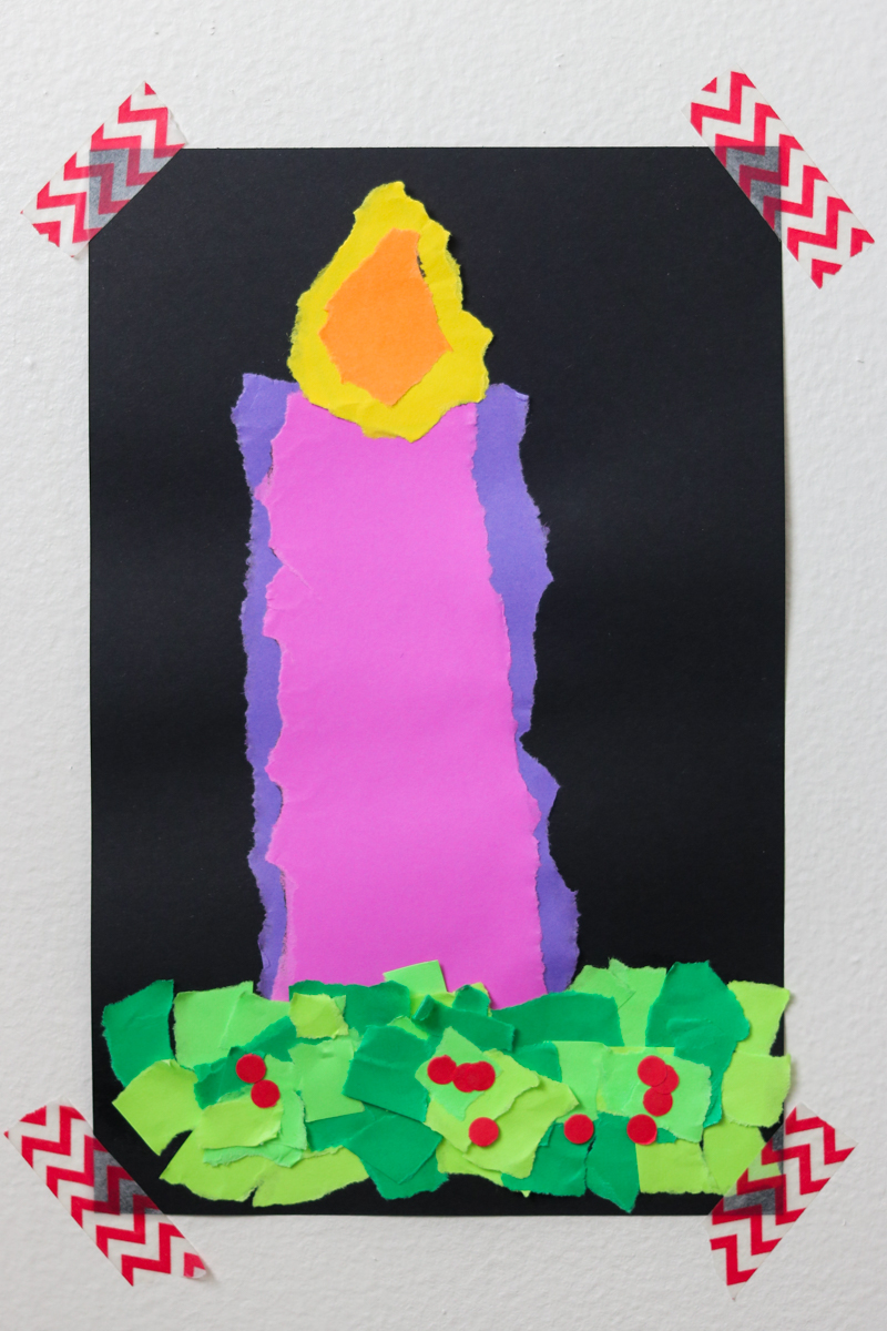 Advent candle craft made with torn paper from Kinder Craze and Astrobrights!