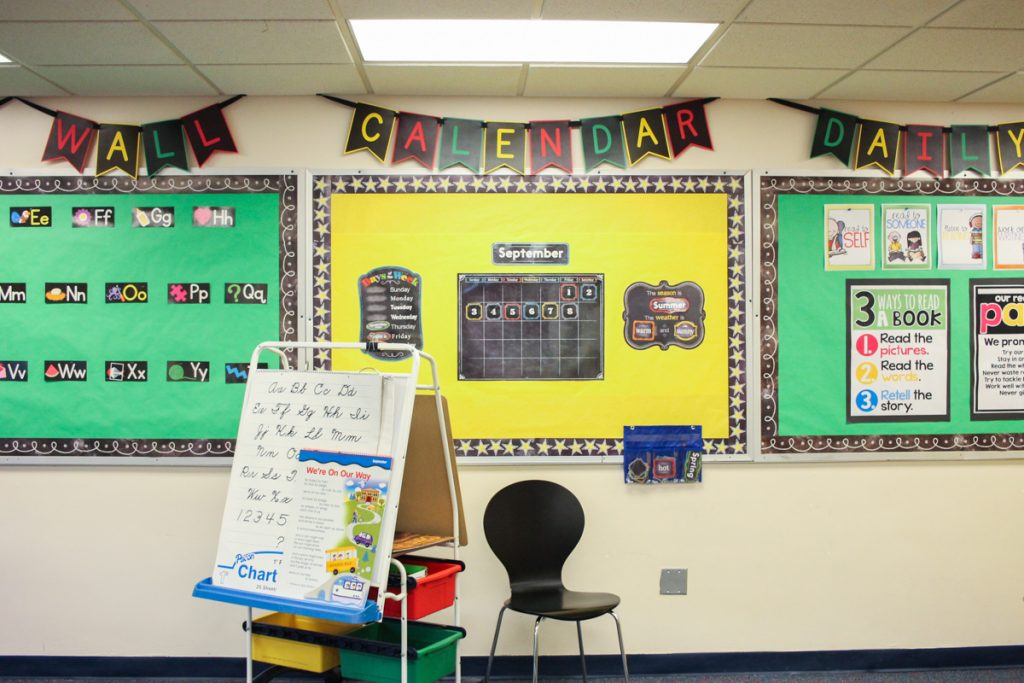 first grade bulletin boards decorated with pennant letters across the top