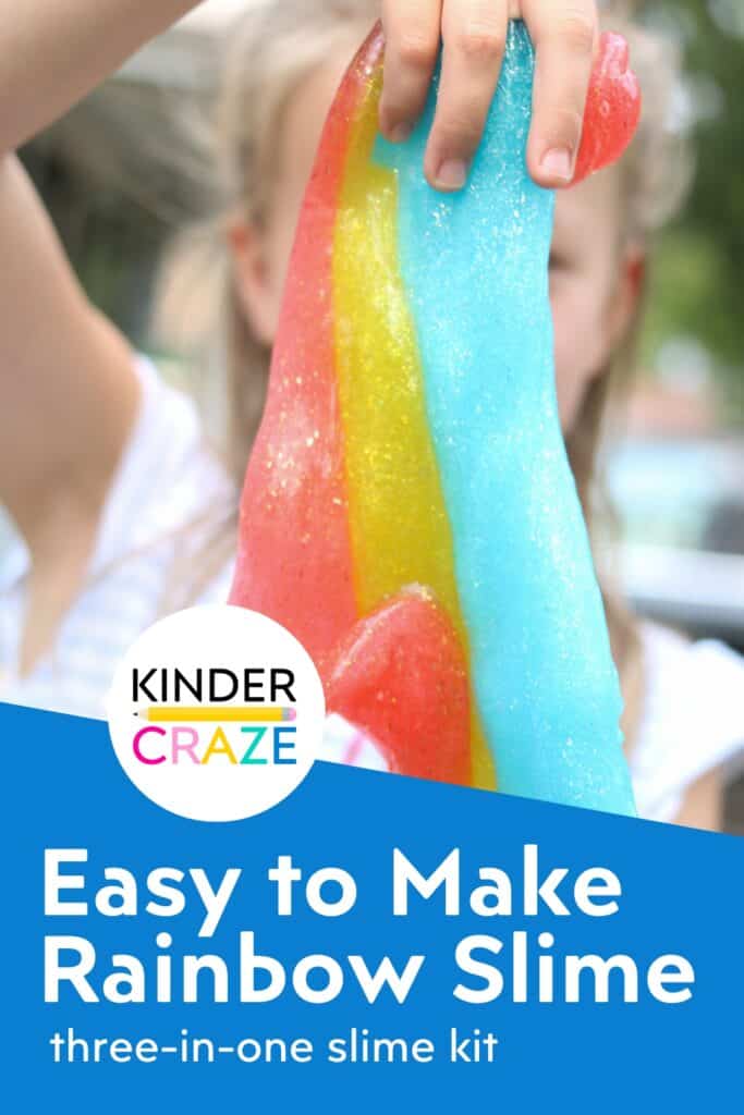 child stretching tri-color slime with the text "easy way to make rainbow slime"