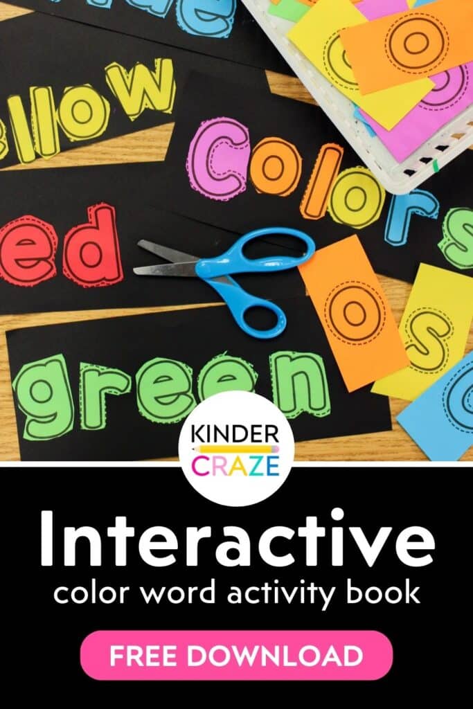 colorful letters cut and glued to spell pages for color word worksheets with the text "interactive color word activity book free download"