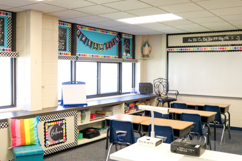 upper elementary classroom makeover with desks lined up neatly from schoolgirl style