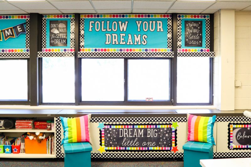 classroom seating lounge area on teal cube storage Twinkle Twinkle You're a star classroom makeover