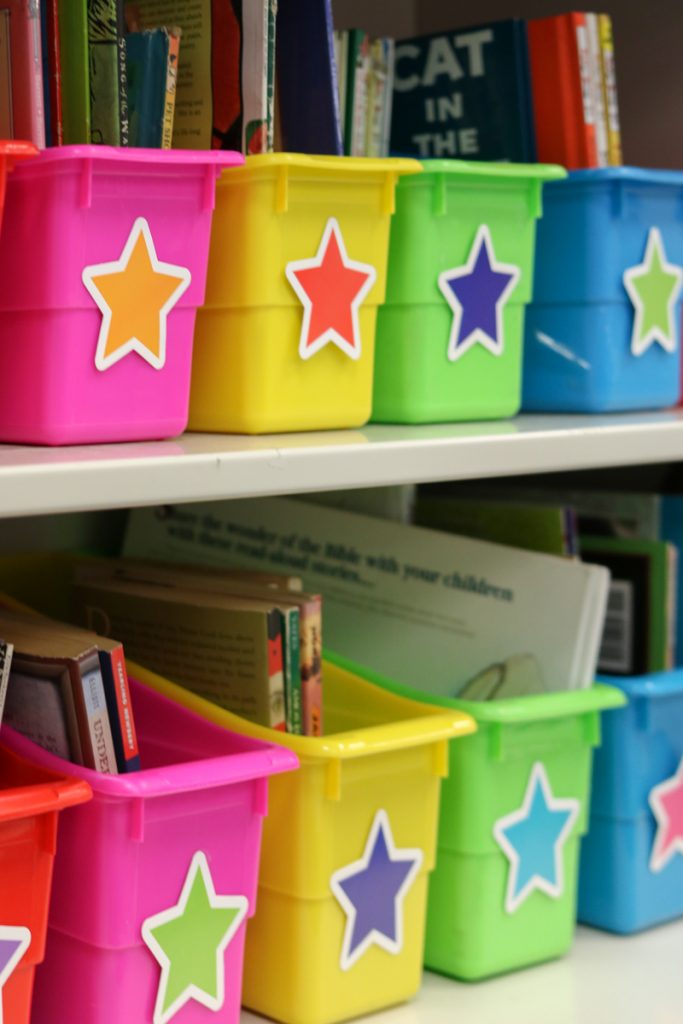 bright colored bins with twinkle twinkle little star cutouts in classroom library tour