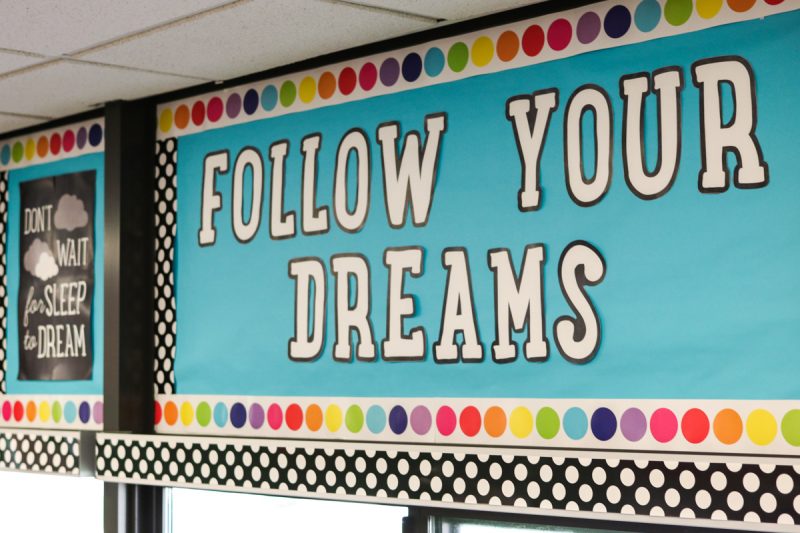 follow your dreams bulletin board display above classroom windows