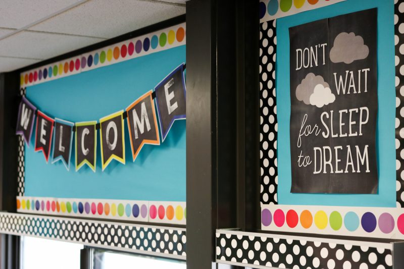 Don't Wait for Sleep to Dream poster in Twinkle Twinkle Little Star classroom makeover bulletin board above windows