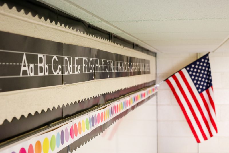 black and white alphabet in 5th grade classroom makeover with american flag