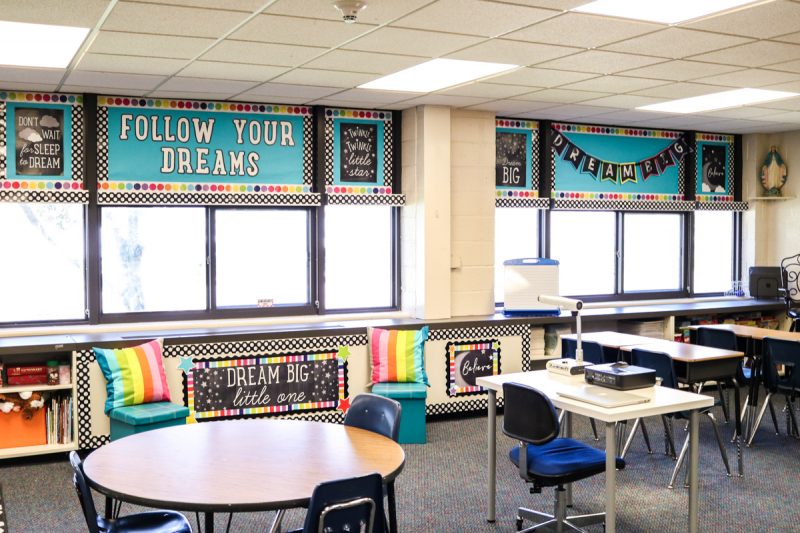 second grade classroom desks with twinkle twinkle you're a star bright bulletin board display above classroom windows