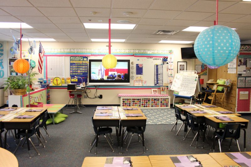 first grade classroom with desks arranged in tables