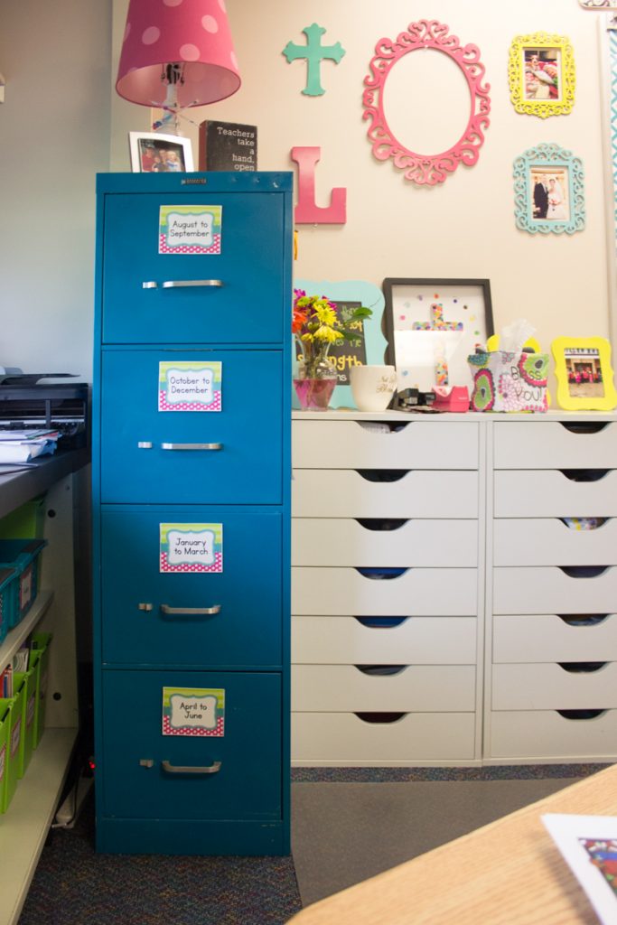 spray painted file cabinet storage in a first grade classroom