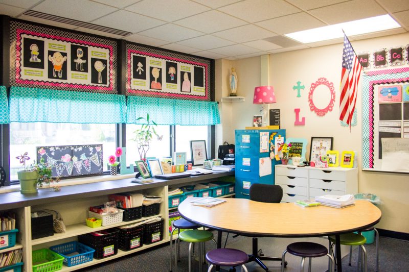 teacher desk area in a first grade classroom