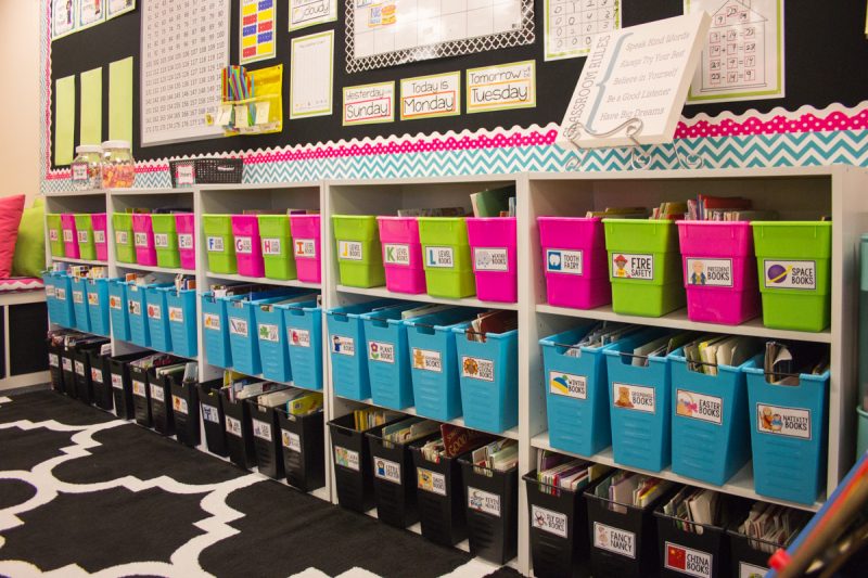 bins of books lined up in in a first grade classroom library