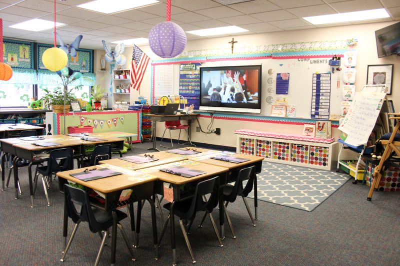 first grade classroom with desks arranged into tables and a smartboard turned on
