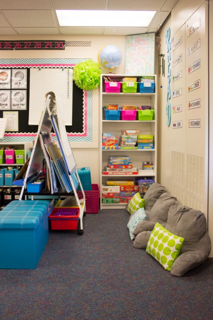 hidden storage behind easel in a first grade classroom