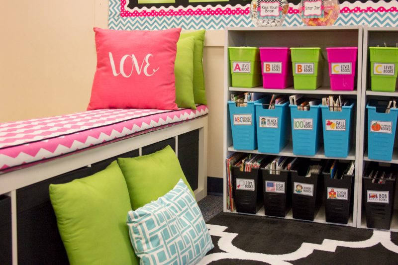 alternative bench seating in a first grade classroom library