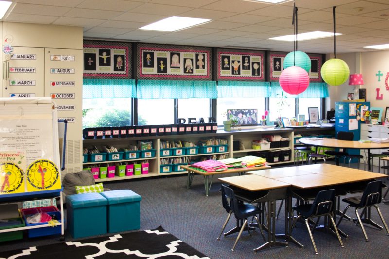 windows and shelving in a first grade classroom library