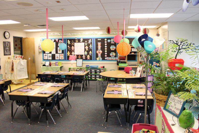 first grade classroom with colorful bulletin boards and lanterns hanging from the celing