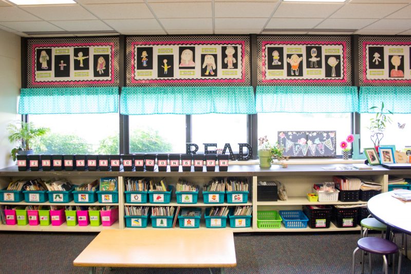 first grade classroom library with decorations above the windows