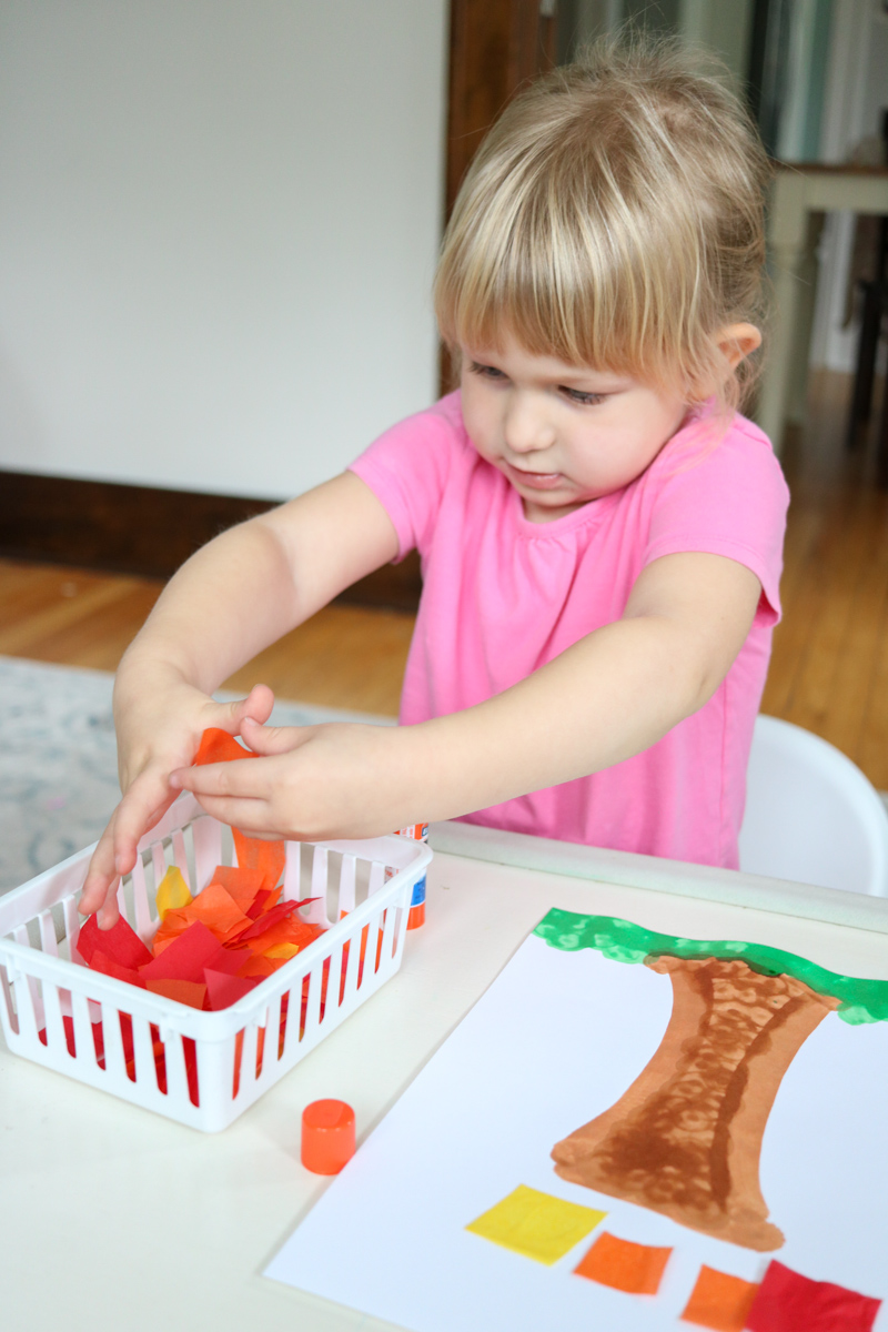 Fall is here! This fall tree craft project is super-simple and uses a few basic supplies to make a stunning tree with falling tissue paper leaves. This fall kids craft is a great project for preschool or kindergarten students. Toddlers can do this one too with a little extra help and support. Perfect for at-home or in a classroom setting. 