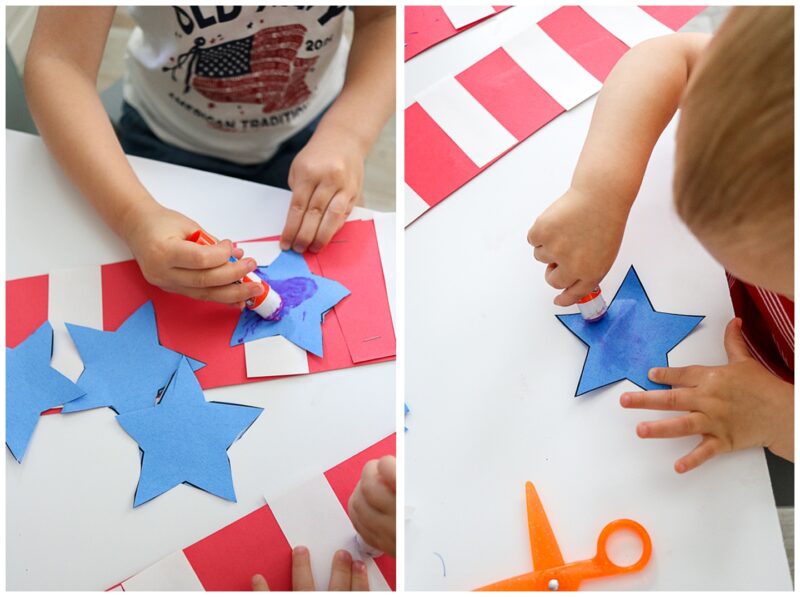 gluing blue stars onto red and white patriotic kids hat craft for 4th of July