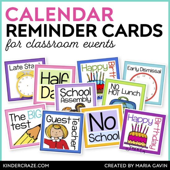 calendar reminder cards for classroom events
