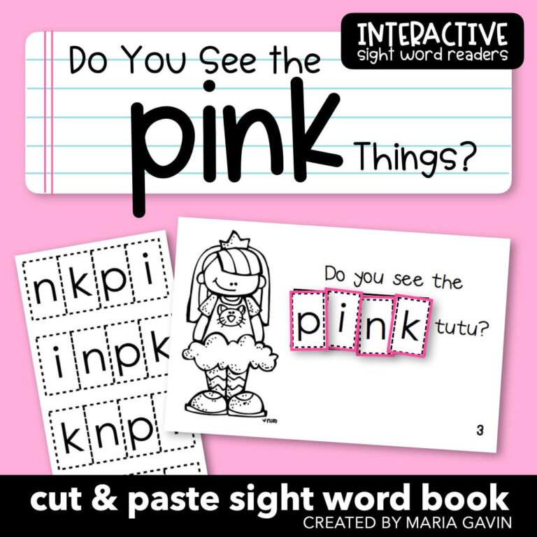 printable interactive kindergarten book called "do you see the pink things"