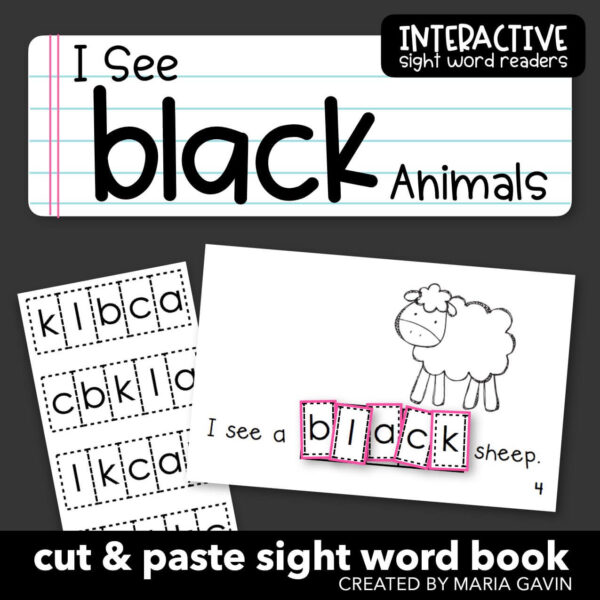 interactive sight word reader called "I see black animals"
