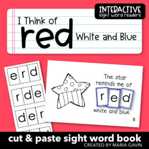cut & paste sight word book for the color red titled "I think of red, white and blue"