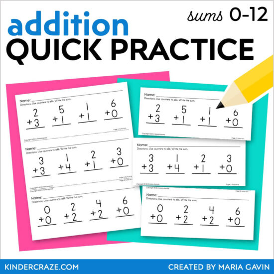 Addition Quick Practice: Kindergarten Addition Worksheets for Sums to ...