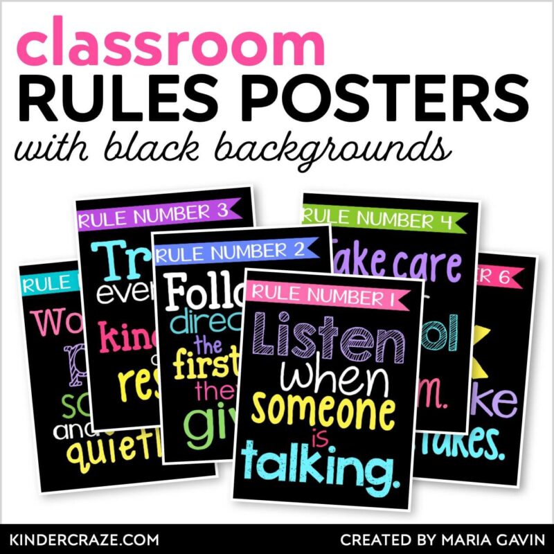 cover of classroom rules posters with bright colorful text on black backgrounds
