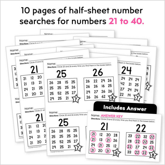 Number Searches for Numbers 21-40 - Kinder Craze