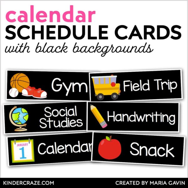 classroom daily schedule cards for classroom calendar with visual graphics and black backgrounds
